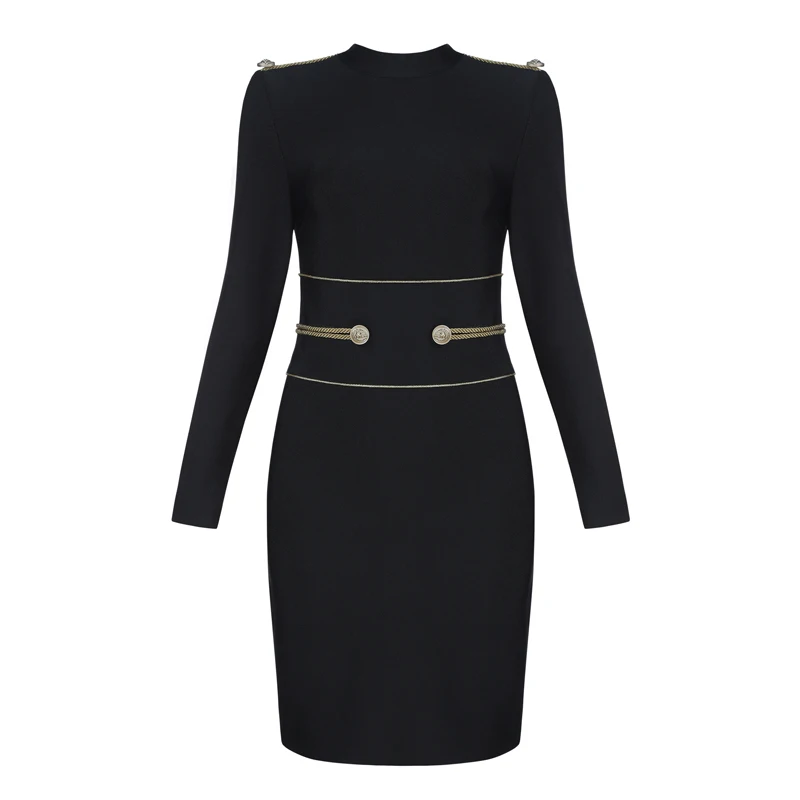 

PERHAPS U elegant black long sleeve short mini dress party stand collar high street button spring dress D0926