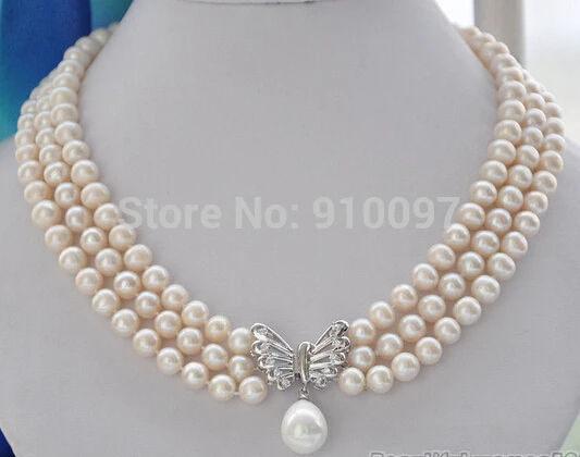 

LHX5568>>>3row 9mm WHITE ROUND FRESHWATER PEARL NECKLACE butterfly