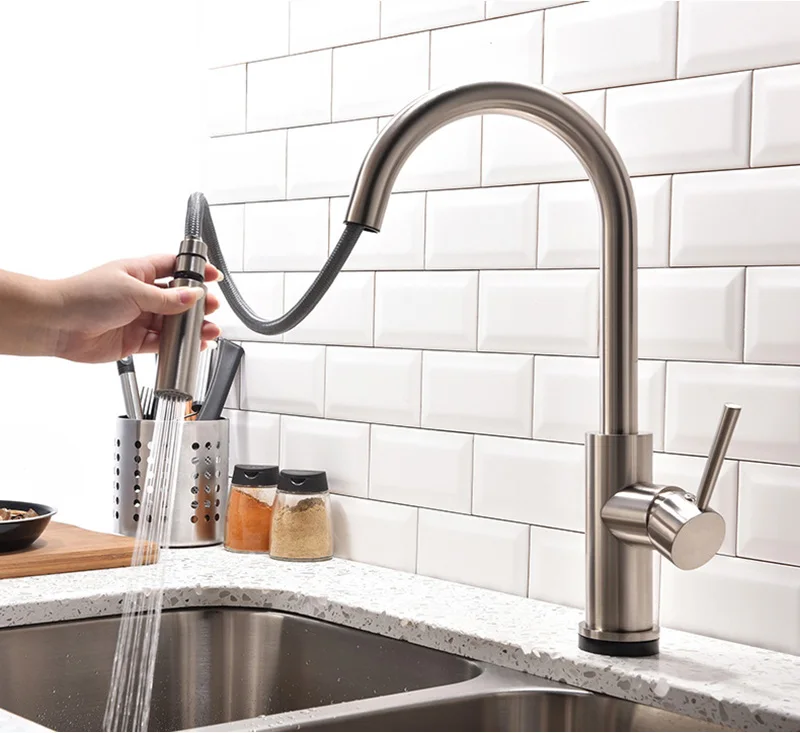 Никель Матовый Латунь Smart Touch Sense управление кухня кран двойной поток установка пауза Кнопка вытащить раковина смеситель Водопроводной воды
