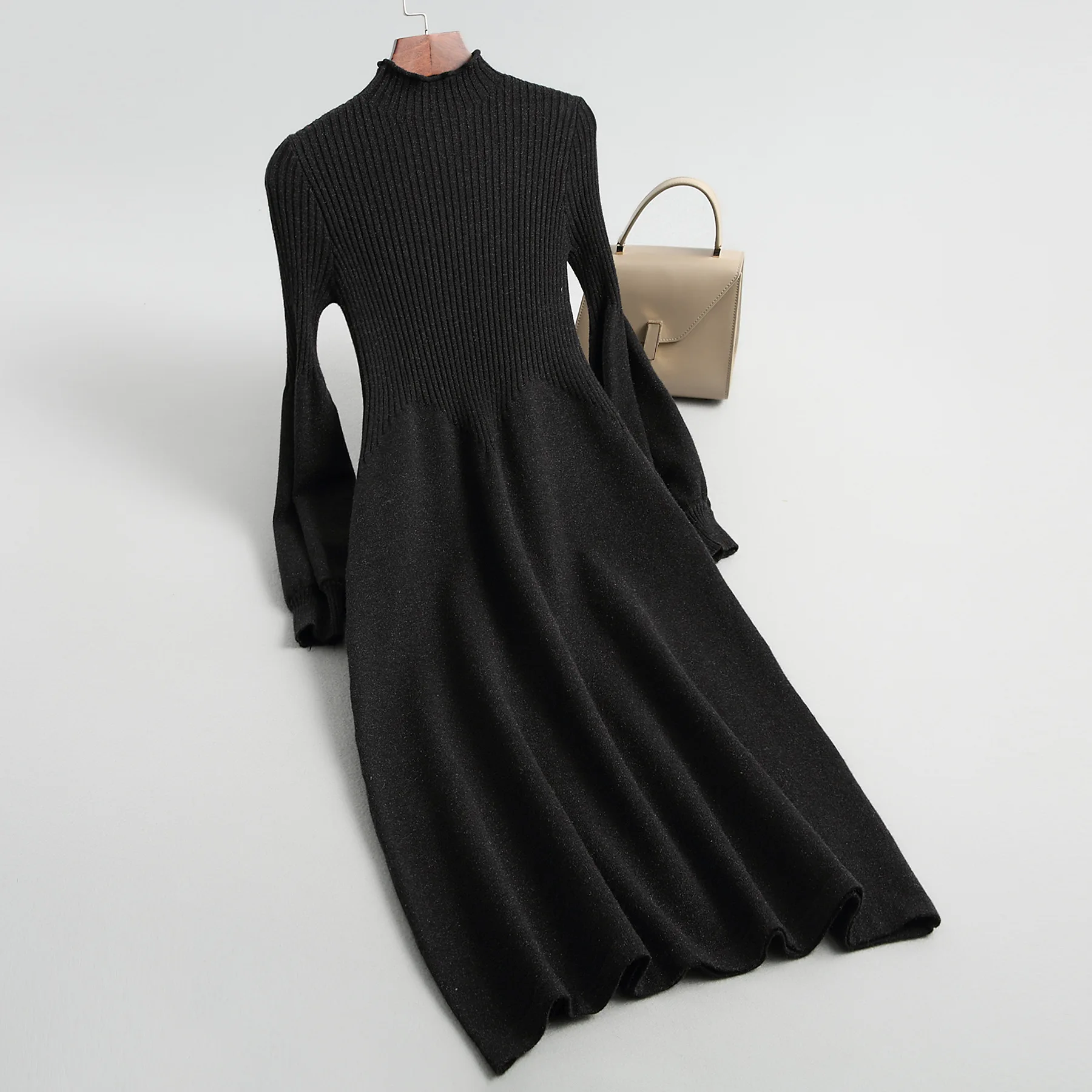 Осенне-зимнее женское платье-свитер, Элегантное трикотажное платье с высоким воротом, повседневные платья средней длины с длинным рукавом А-силуэта - Цвет: black