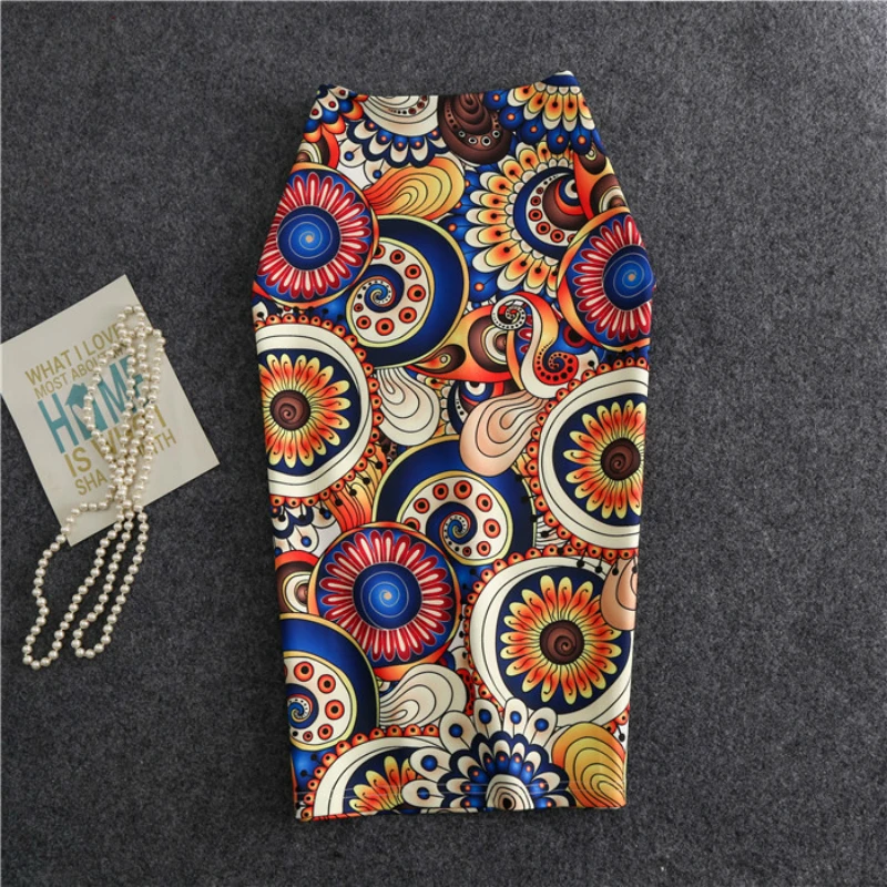 

2019 New-Coming European Autumn Women Pencil Skirt High Stretch Colorful Circle Pattern Midi Slip Hip Skirt Female