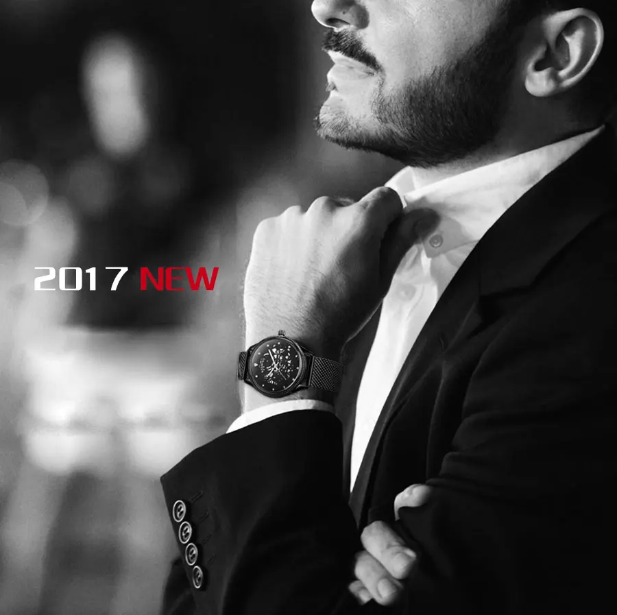 BOAMIGO Brand Mesh Steel Band Watches Mens Black Quartz Watch Fashion Skeleton Male Simple Wristwatch Auto Date Waterproof Clock (21)