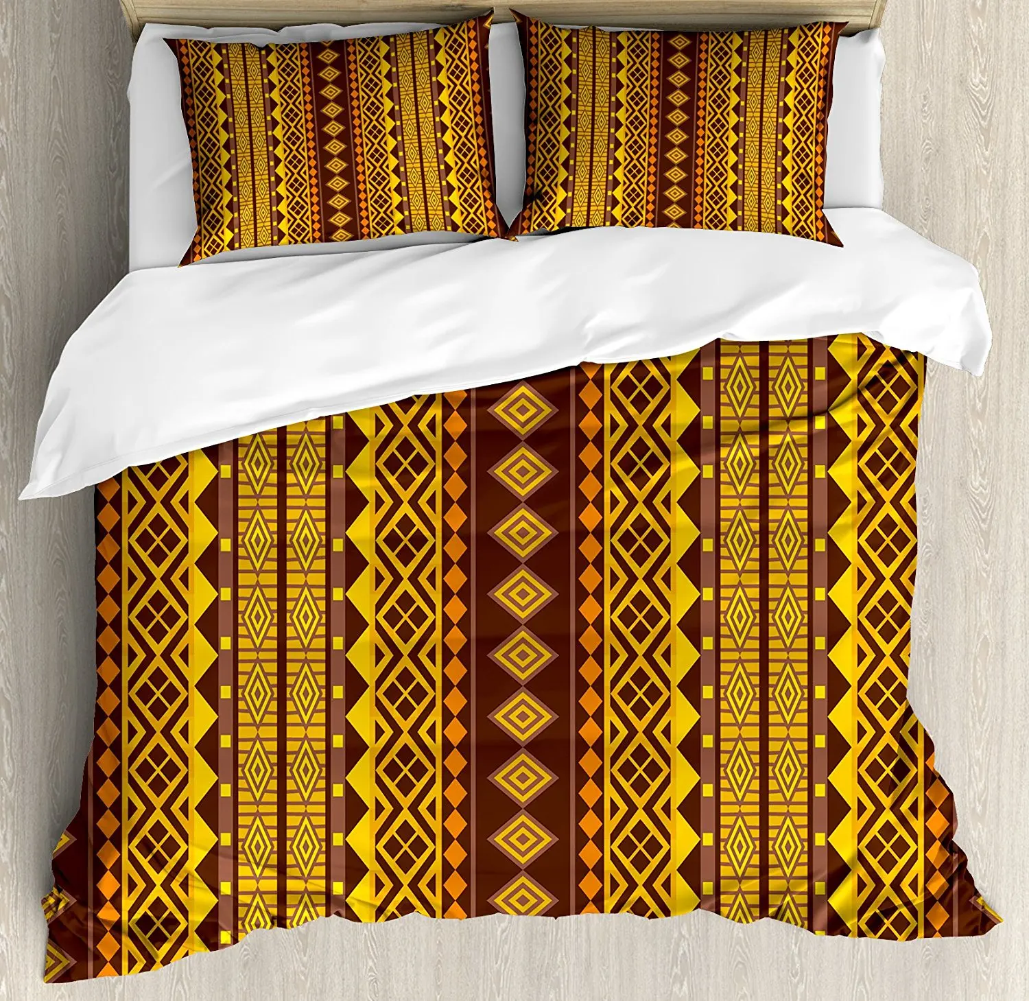 Yellow And Brown Duvet Cover Set African Folk Hippie Motifs