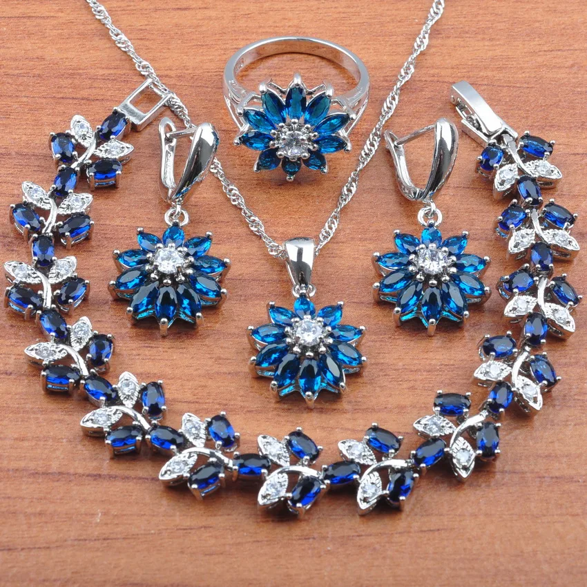

Natural Blue Cubic Zirconia 925 Silver Dubai Jewelry Sets For Women Earrings Necklaces Pendant Rings Bracelets JS0434