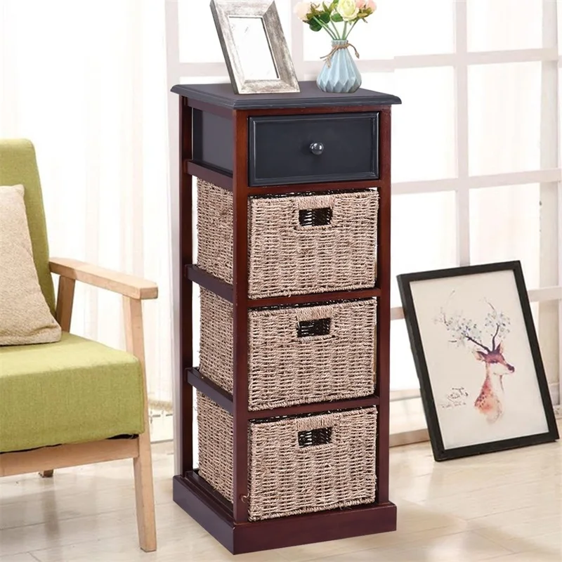 

4 Tiers Wood Nightstand W/ 1 Drawer and 3 Baskets Bedroom Furniture High Quality Countryside Wood Nightstand Storage Box HW56725