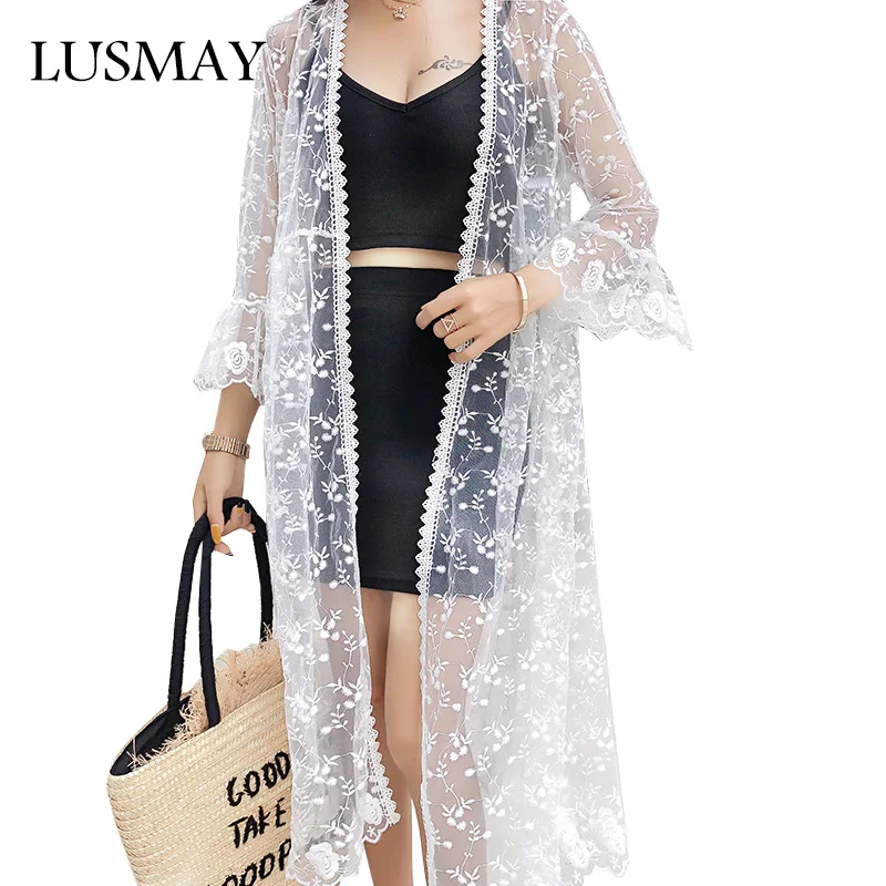 Embroidery Long Kimono Cardigan Summer 2018 New Arrival White Lace