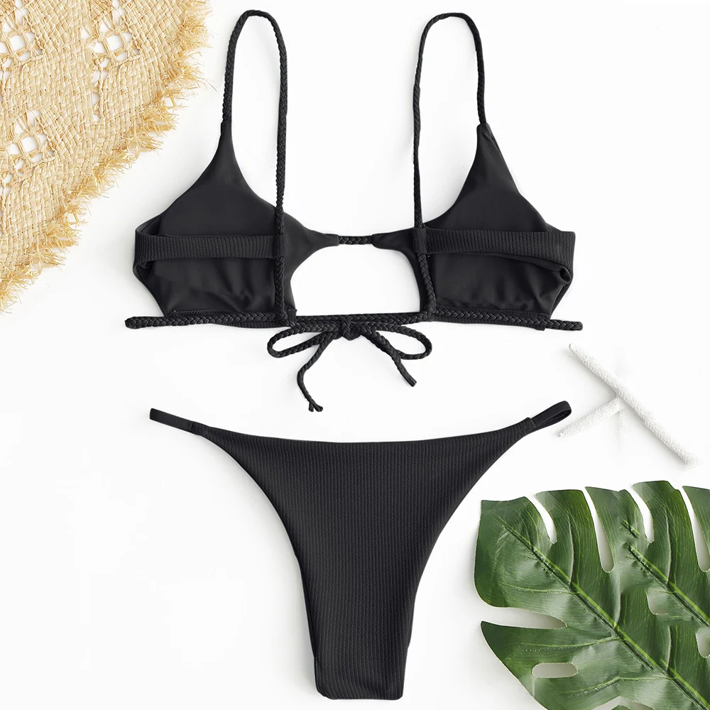 Billige ZAFUL Bikini Geflochtene Rippen Ausschnitt Bikini Set Spaghetti trägern Low Taillierte Feste Badeanzug Frauen Bademode Sexy Badeanzug
