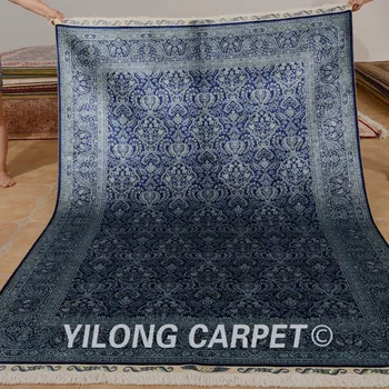 

Yilong 5.5'x8' Hand knotted hereke carpet dark blue qum rugs 100% silk (ZQG248A)