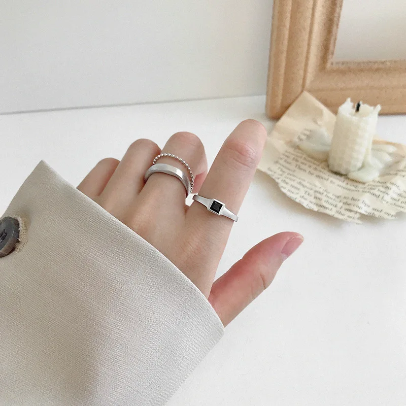 OLOEY чистое 925 пробы Серебряное матовое квадратное черное циркониевое Открытое кольцо для женщин корейские Изящные Вечерние ювелирные изделия подарок YMR787