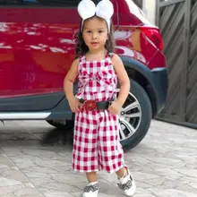 Коллекция года, модный клетчатый комбинезон для девочек, комплекты одежды летняя одежда без рукавов с бантом для девочек