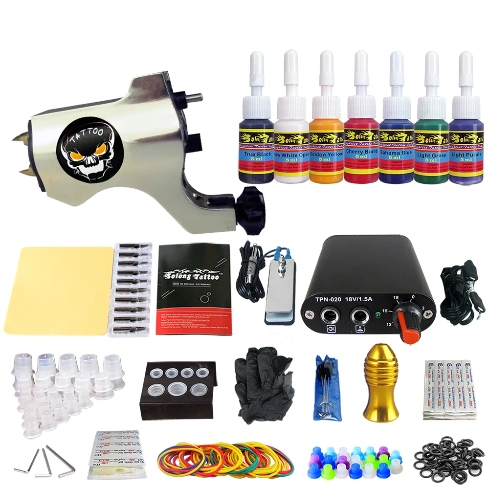 

Solong Tattoo Complete Beginner Tattoo Kit 1 machine Gun 7 Color Inks Power Supply Grips Foot Petal Needles Set TK105-38