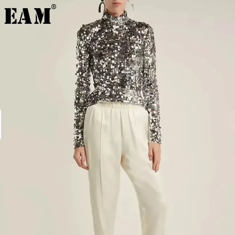 [EAM] 2019 New Spring Stand Collar Long Sleeve Black Sequins Split Joint Loose Shirt Women Blouse Fashion Tide JL321