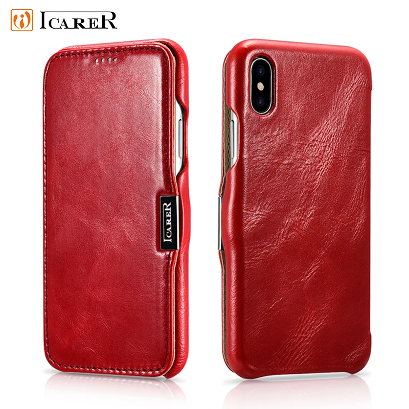 Icarer Genuine Leather Case for iPhone 12 Mini 11 Pro Max 6 7 8 Plus X XR XS Magnetic Closure Luxury Retro Slim Flip Phone Cover cute iphone 7 cases