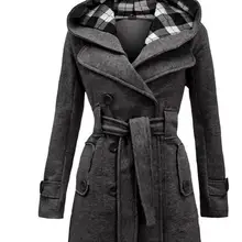 Fengguilai, Женская куртка, Осень-зима, элегантная, винтажная, для офиса, для женщин, пальто, тонкий, простой пояс, серое, Женское пальто с капюшоном