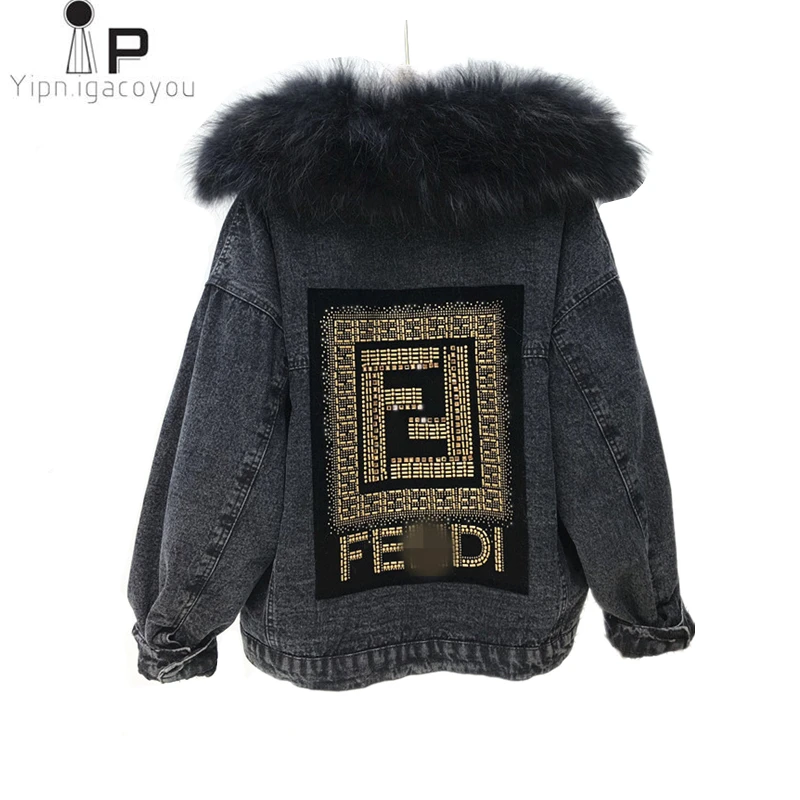 Winter Denim Jacket Women New Harajuku Faux Raccoon Big Fur Collar Warm Jeans Jacket Bomber Jacket Loose Casual Coat Women Basic