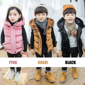 

New Children Autumn Winter Down Cotton Vest Boy Gold Velvet Hat Outerwear Baby Thick Jacket Girl Casual Solid Color Waistcoat