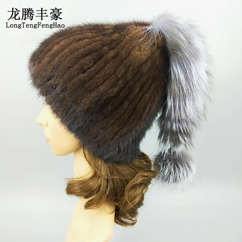 

New Winter Women Cap Real Mink Fur Hat With Fox Tail Female Black White Natural Fur Beanies Hat Elastic Knitting Wool Lining Cap