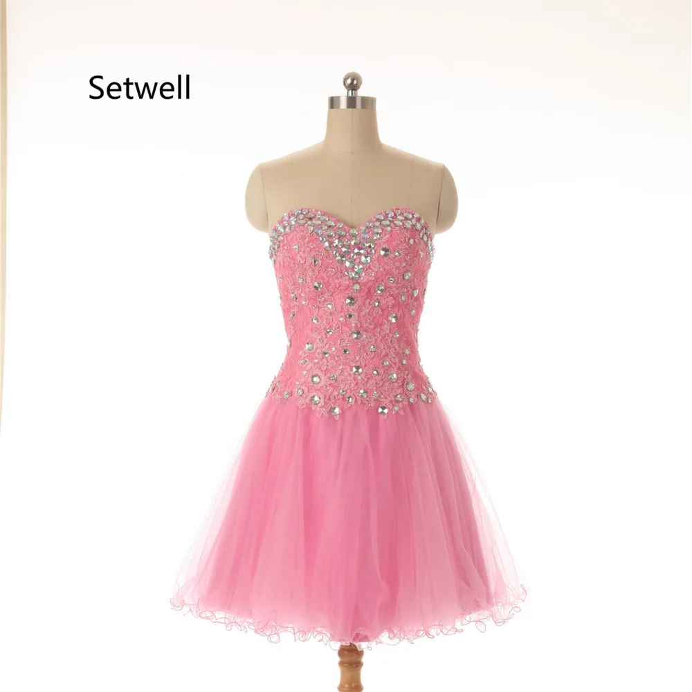 

Setwell Charming Mini Short Homecoming Dresses Shining Crystal Appliqued Strapless Lace Up Back Homecoming Dress
