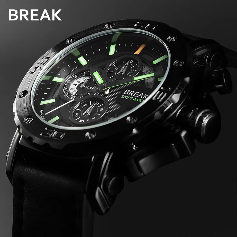 Break Quartz Men's Sport Watch Big Dial Leather Strap Army Military
