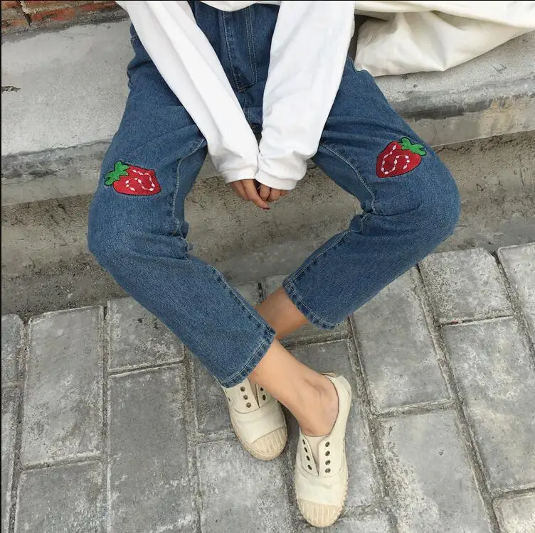 Женские джинсы с высокой талией и вышивкой в виде клубники|waist jeans women|high waist jeanshigh