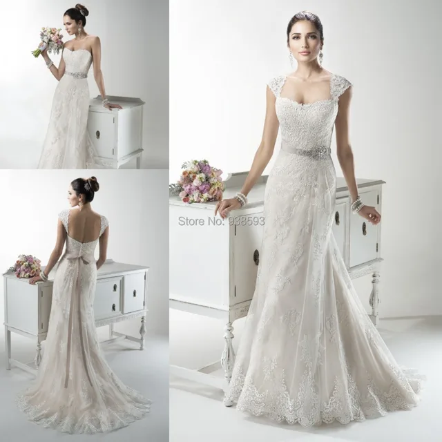 Detachable Cap Sleeves Lace Wedding Dress Beaded Sash Elegant Bridal Detachable Cap Sleeves Lace Wedding Dress Beaded Sash Elegant Bridal Gown Western Country Bg100