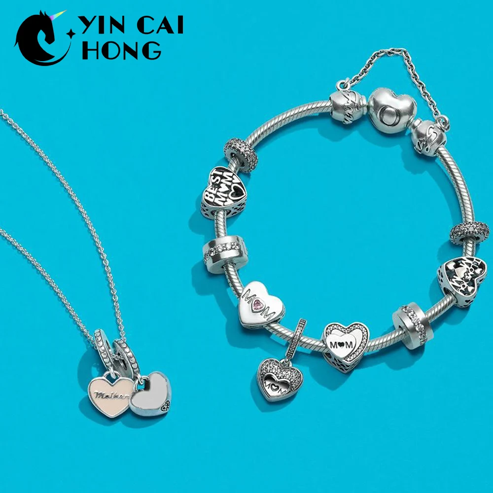 

YCH 100% 925 Sterling Silver 1:1 Mother's Day Hanging Charm Beaded Bracelet Necklace Gift Set Free Shipping Wholesale