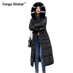 Новинка 2018 г. зимнее пальто Для женщин военные верхняя одежда средней длины стеганая с капюшоном черный снег парка Толщина хлопок теплая