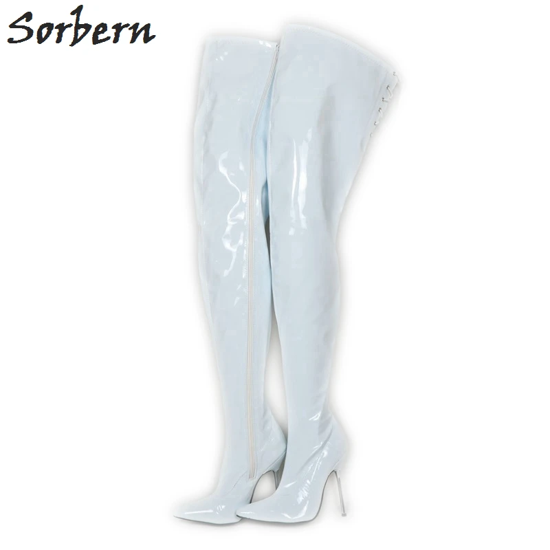 

Sorbern White Extra Long Crotch Thigh High Boots Women 12Cm Metal High Heel Stilettos Pointy Toes Custom Leg Plus Size 46 Boot