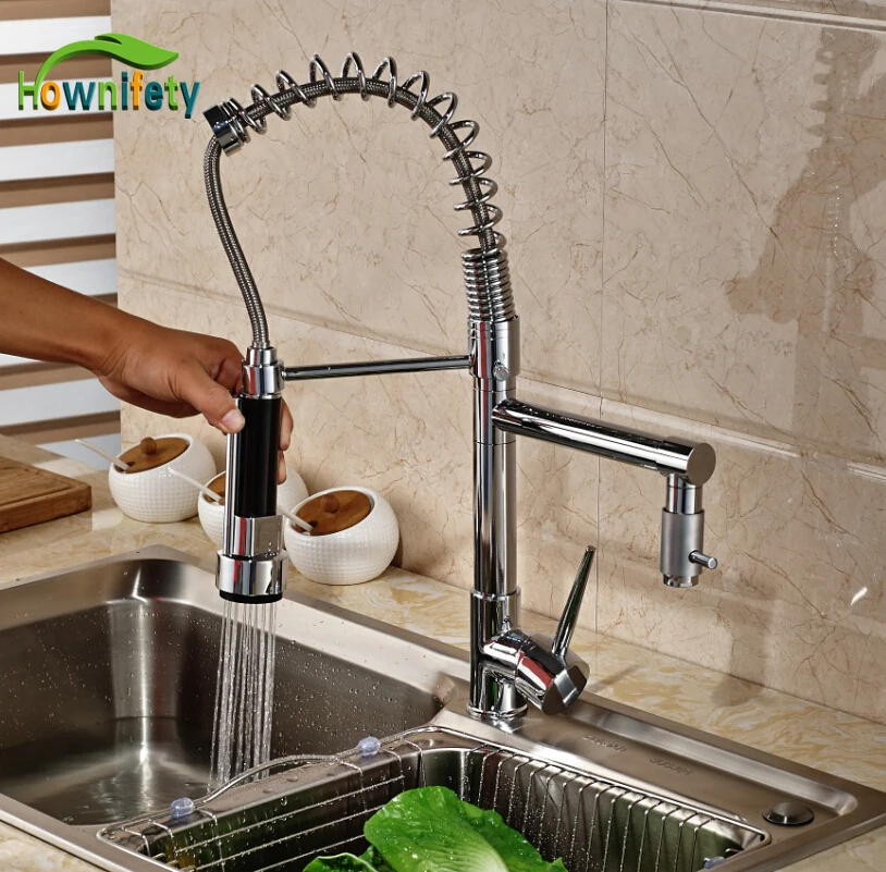 

Chrome Finish Dual Spout Kitchen Sink Faucet Deck Mount Spring Kitchen Mixer Tap Kitchen Hot and Cold Water tap