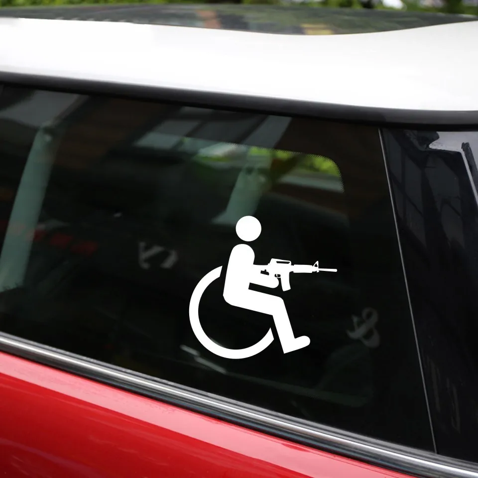 Cunymagos Handicapped Wheelchair Gun Creative Vinyl Car-Styling Stickers Decals Car Body Window Decal Stickers Funny 15cm16cm (7)