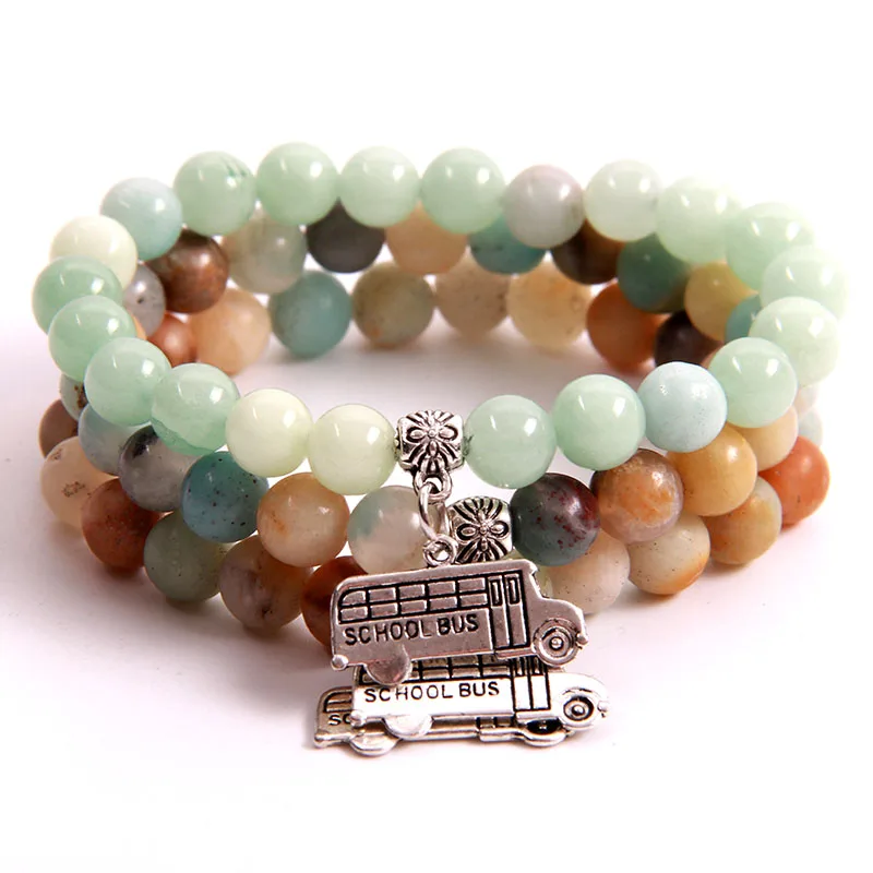 NCRHGL Hot 3Styles 8MM Beaded Amazon Natural Stone Bracelets Bangles School Bus Charm Beads