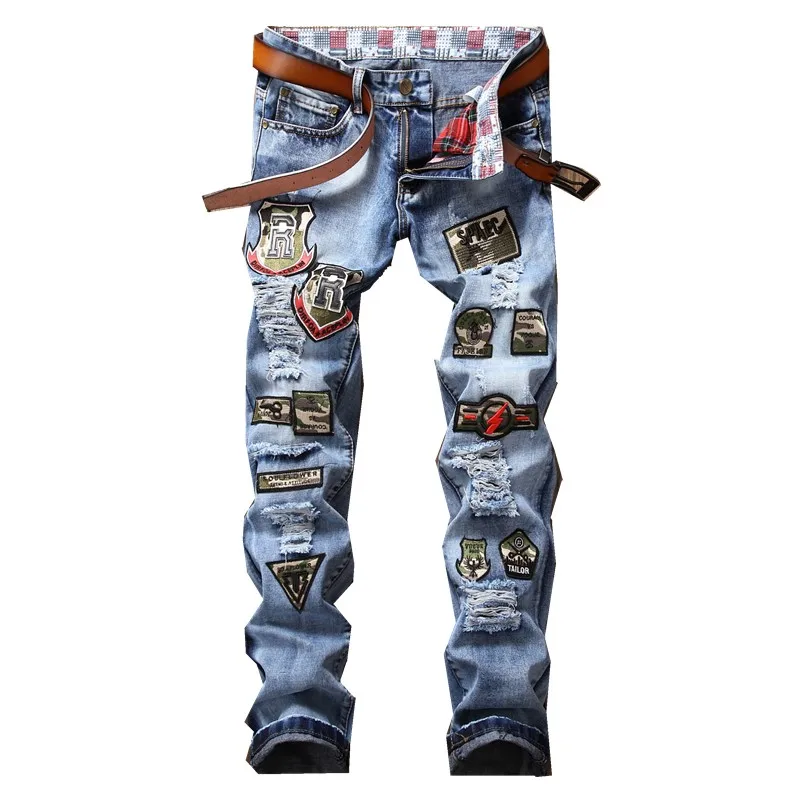 2018 European American Style Fashion Badge Spliced Jeans Luxury Men