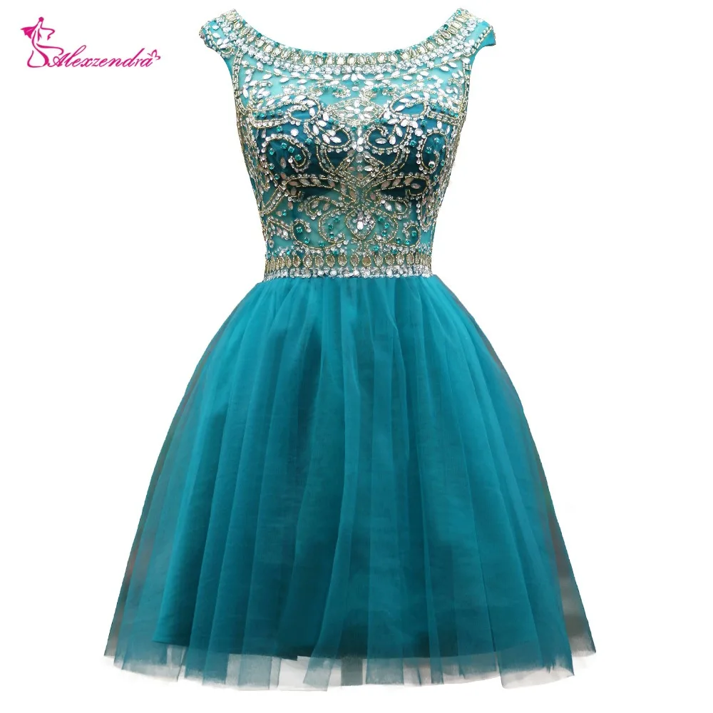 Alexzendra Blue Scoop Neck Short A Line Beaded Prom Dresses V Back Crystals Knee Length Party