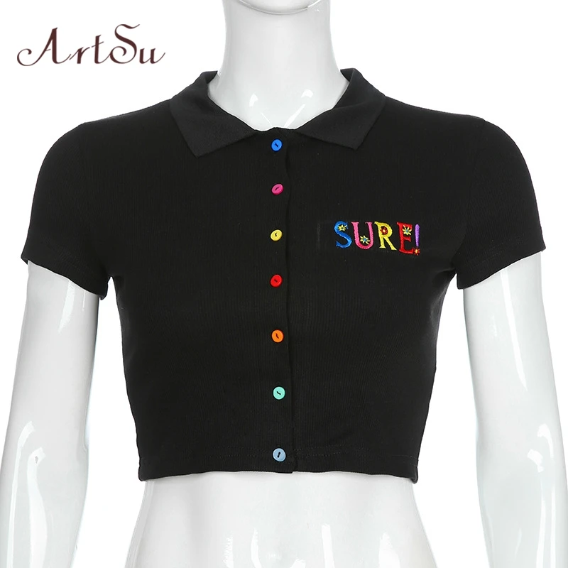 Арцу черный Harajuku женские футболки повседневное короткий рукав укороченный топ футболка вышивка футболка Femme красочные пуговицы ASTS21009 - Цвет: Черный