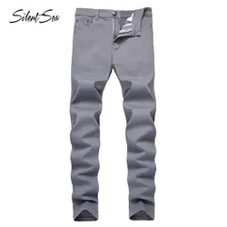 Silentsea серый Рваные джинсы Для мужчин простой Denim Тощий бренд Slim Fit Марка Жан брюки плюс Размеры байкерские джинсы