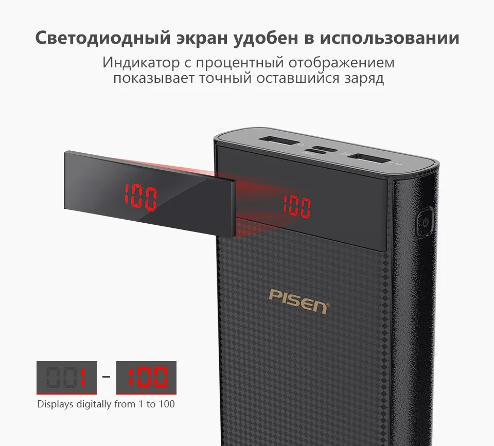 PowerBank Pisen Портативный внешний аккумулятор 20000 мАч. Поддежка TYPE-C. Micro USB. 2.1A, 1.5A, зарядка двух устройств