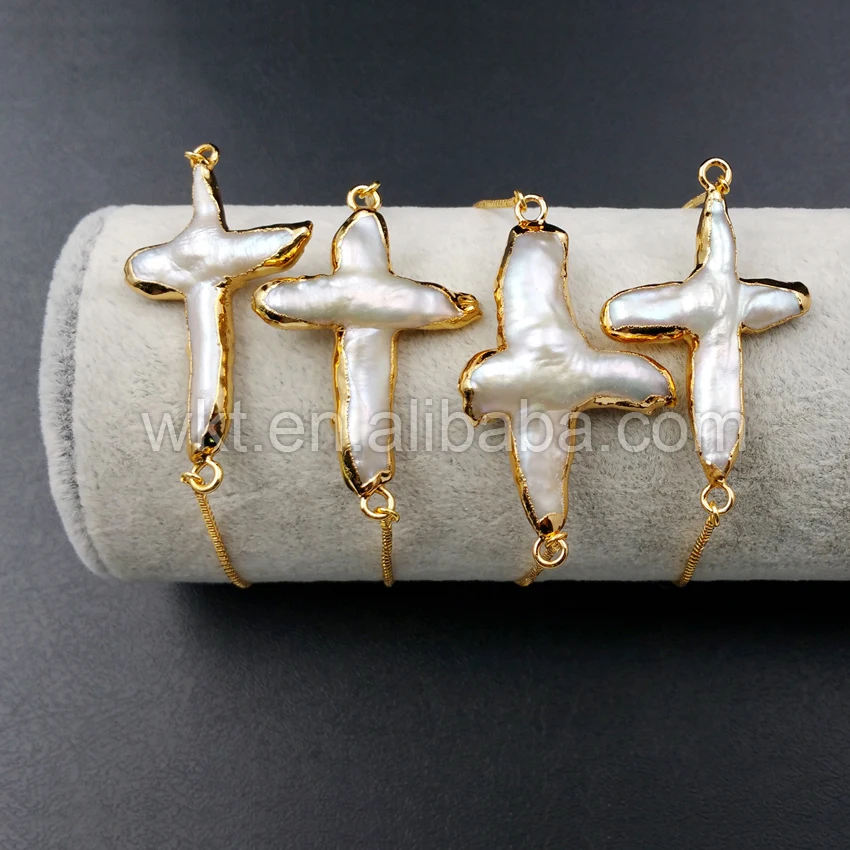 

WT-B341 wholesale custom Fashionable design 24K gold trim pearl Connector Bracelets cross shape Connector Bracelets