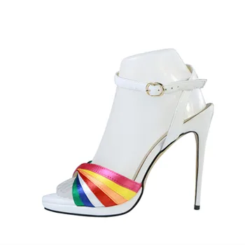 

Sweet Rainbow multi-colored satin ankle strap high heel sandals white stiletto heels pumps women party dress shoes