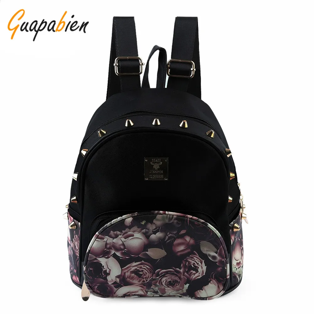 

Guapabien 2017  Woman Floral Print Backpack Letter Rivet Embelllishment Spoon Zipper Head Dual Purposes Backpack School Backpack