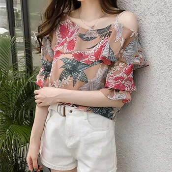 

Summer Cold Shoulder Chiffon Blouse Women Floral Print Shirt Short Sleeve Ruffles Blouses