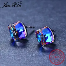 JUNXIN Real 925 Sterling Silver Rainbow Crystal Stud Earrings For Women Small Square Gradient Colors Purple Blue Earrings Female