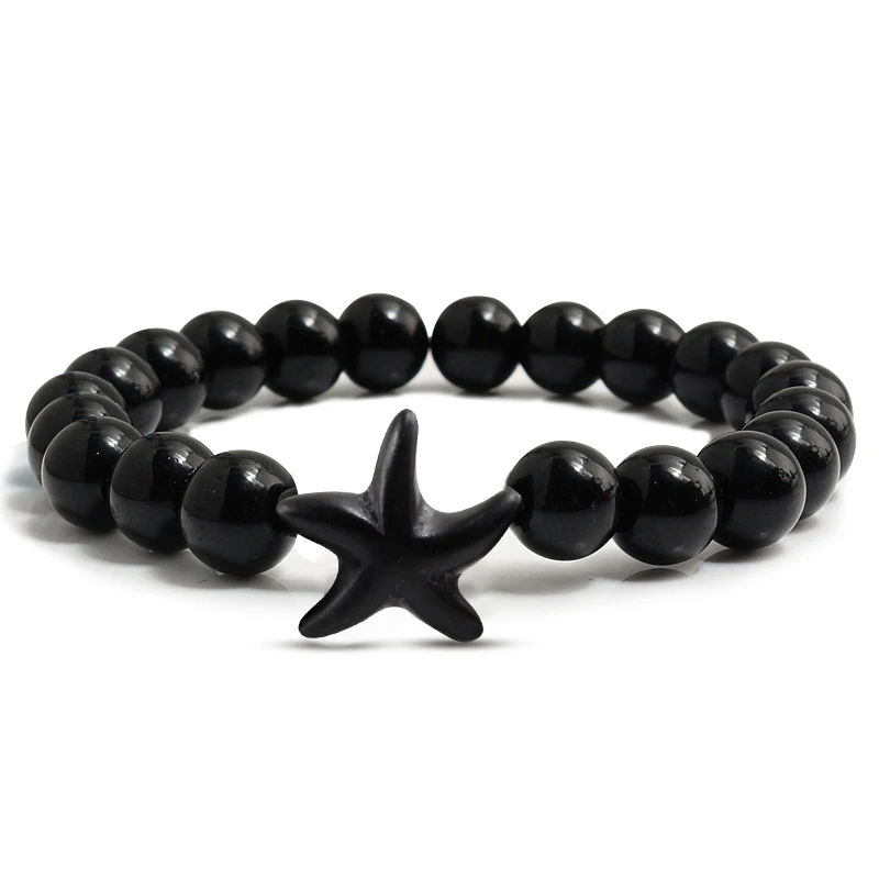 Bright Black Винтажный Boho Starfish браслет с бусинами, очаровательные женские браслеты, натуральные вулканического происхождения, каменная нить, браслет, мужские ювелирные подарки ручной работы - Окраска металла: Bright Black