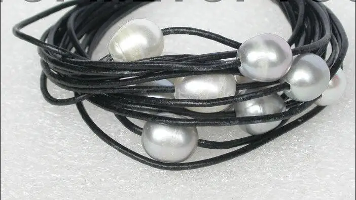 

Free shipping hot sale Women Bridal Wedding Jewelry >>7" 14row 14mm white Gray pearls black leather bracelet magnet clasp E1733