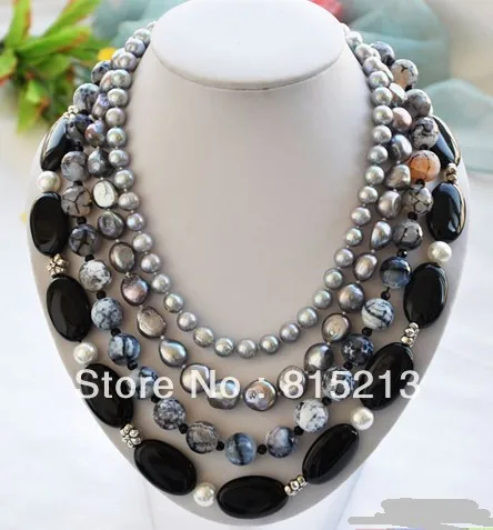 

FREE SHIPPING>@@> N361 4row 18" gray baroque pearl faceted agate necklace