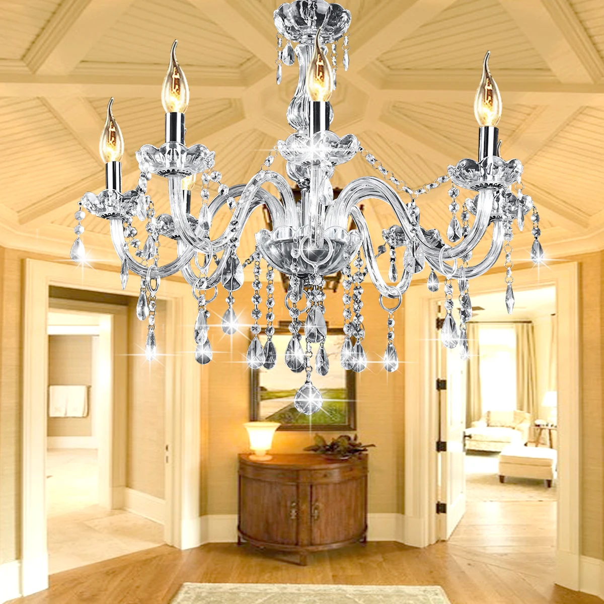 AC110 240V 8 Heads E12 Clear Crystal Chandelier Light Modern