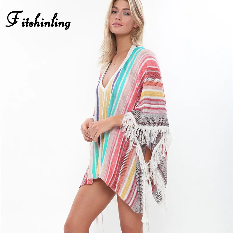 

Fitshinling Multicolor striped knitted beach dress fringe bohemian big size batwing sleeve summer dresses v neck sexy pareos hot
