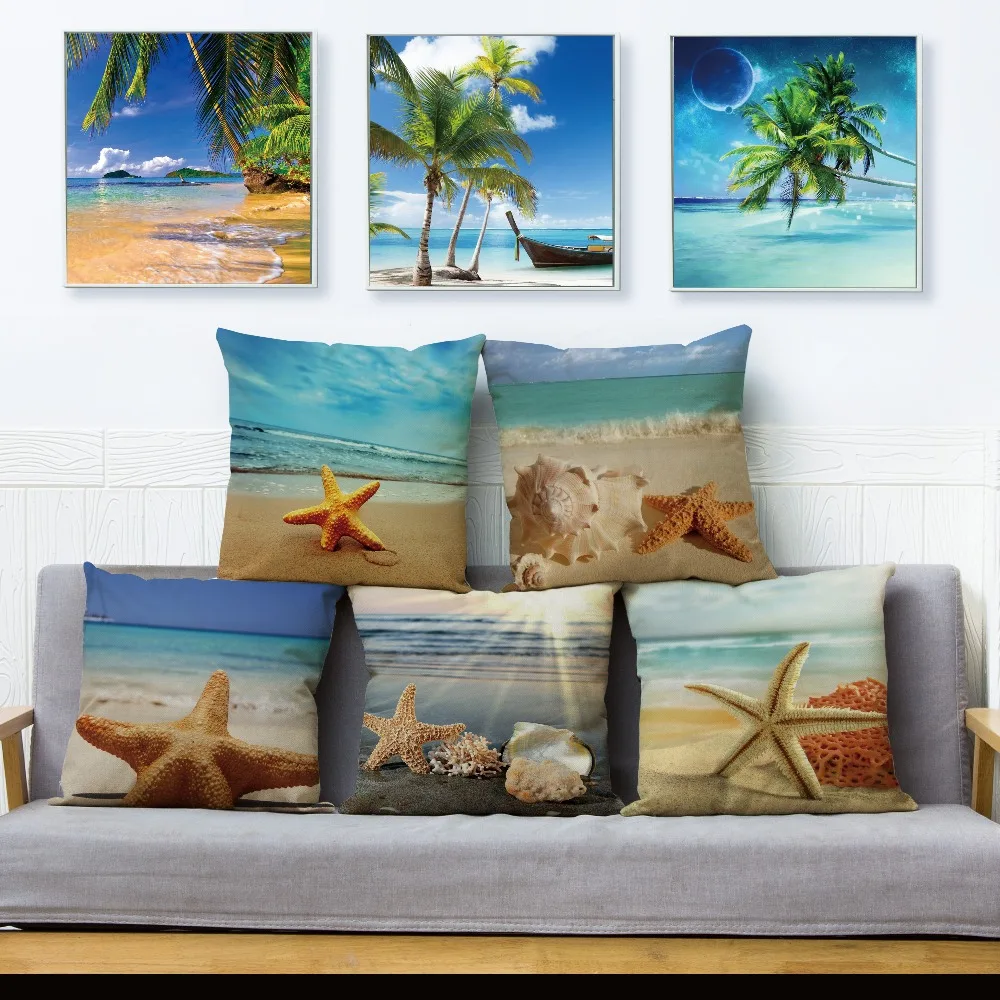 Beach Scenery Seashells Starfish Cushion Cover for Sofa Home Decor Throw Pillowcase Print Scenic Pillow Case Linen 45*45cm | Дом и сад