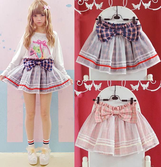 

Super Cute Girls Summer Double Layers Big Bow Mini Skirt Guaze Outer Lolita Plaid Checks Skirt