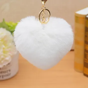 

Cute Love Heart Keychain Fluffy Fake Rabbit Fur Pompom Ball Key Ring Women Girl Bag Charm Pendants Wedding Party Favor Gift