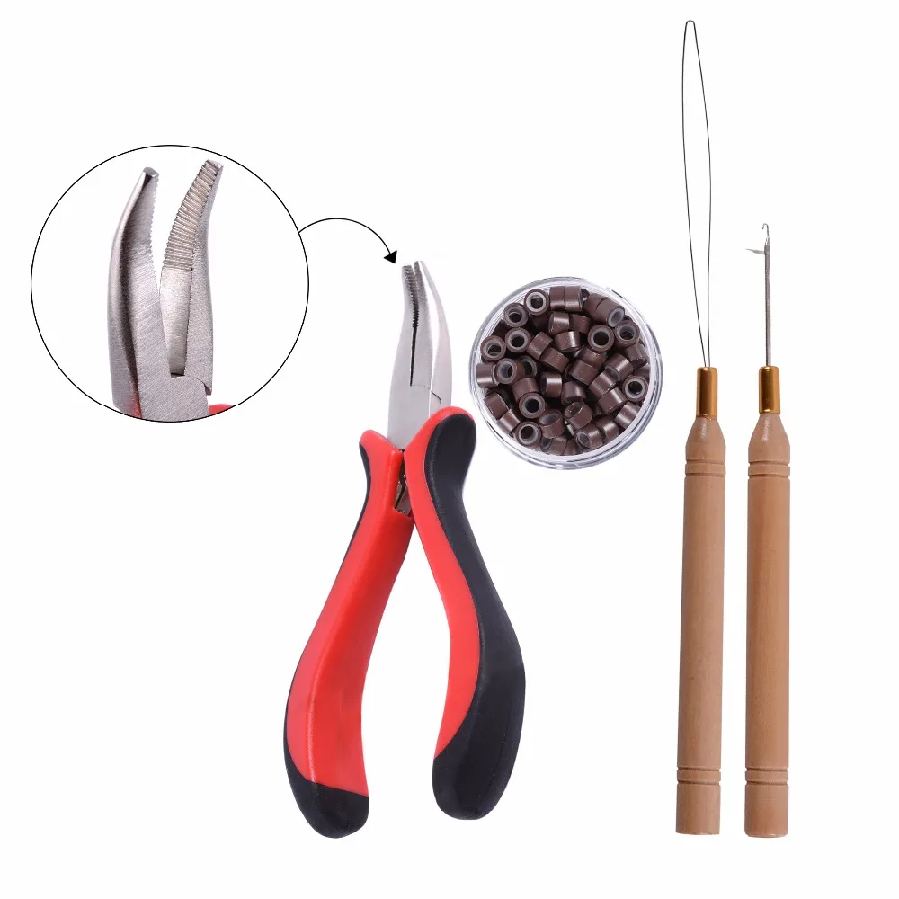 

HOT! 1 bottle/100pcs 5mm Micro Links/Beads+2pcs Pulling Needle+1pc plier Hair Extensions Tool kit